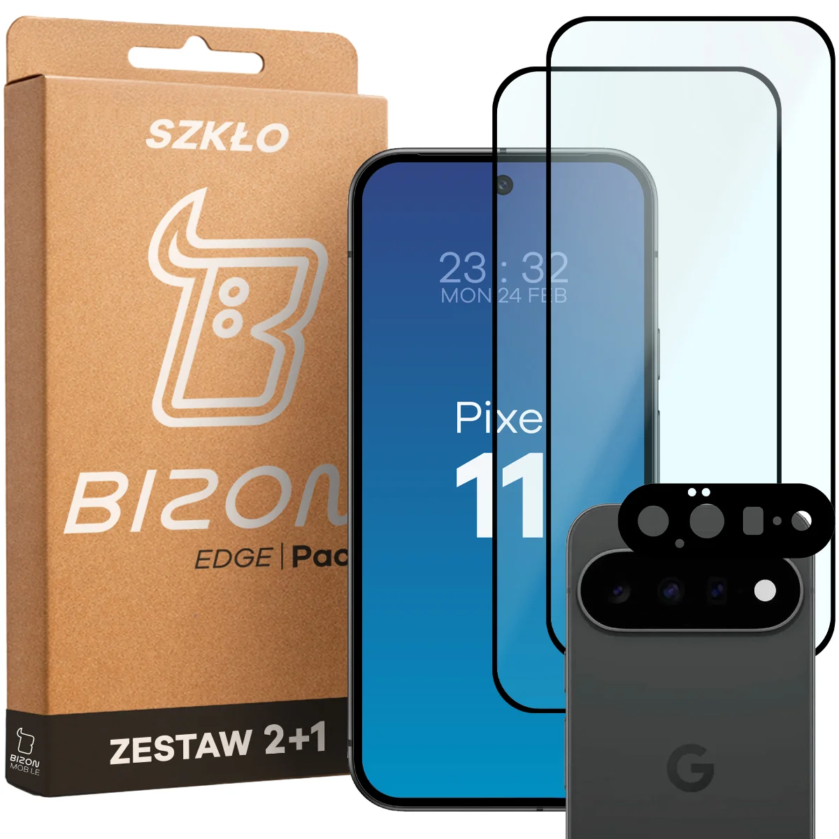 Pudełko i zestaw szkieł do Google Pixel 11: 2x szkło hartowane i lens
