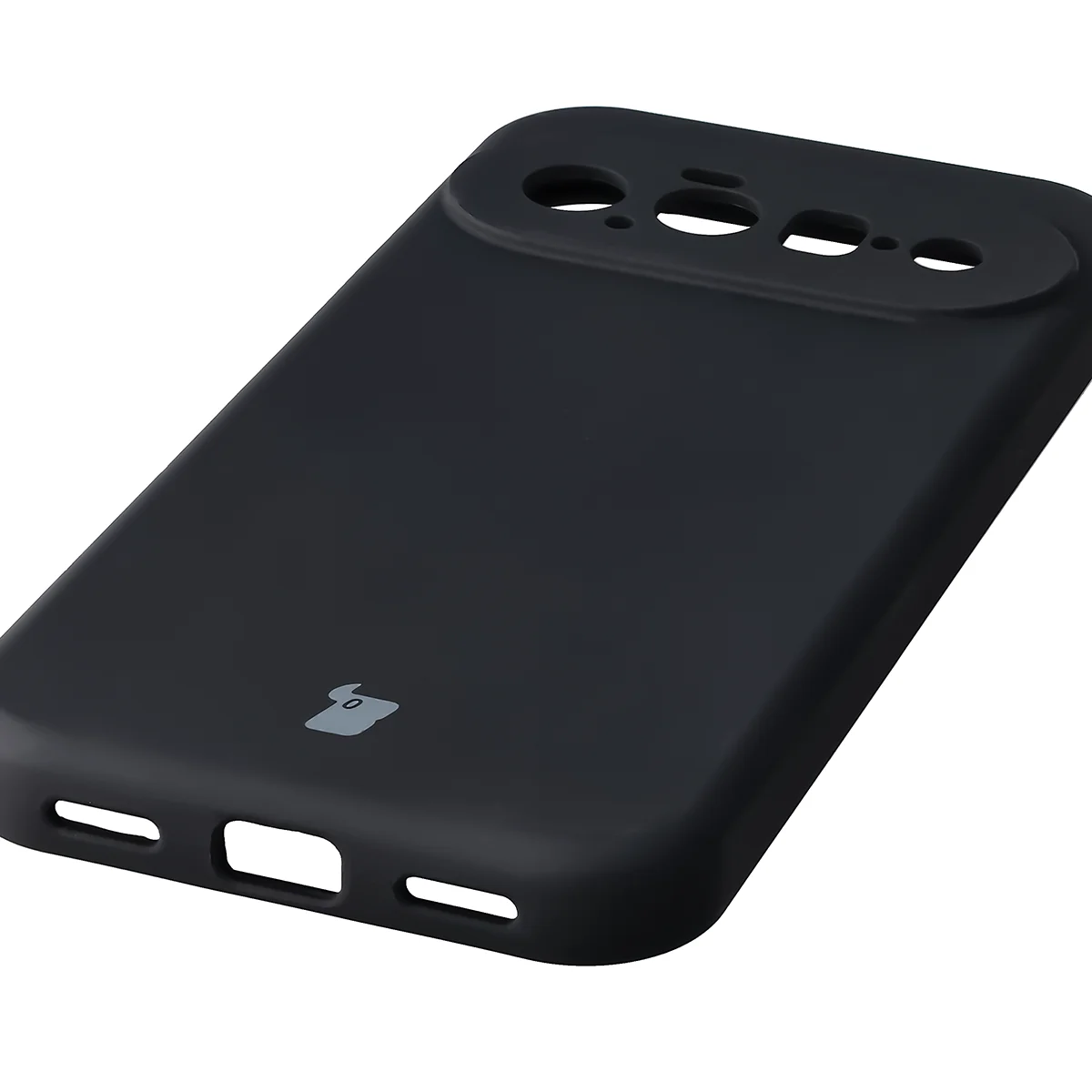 Close-up of precise cutouts and wireless charging capability in the Bison Soft Case for Google Pixel 11