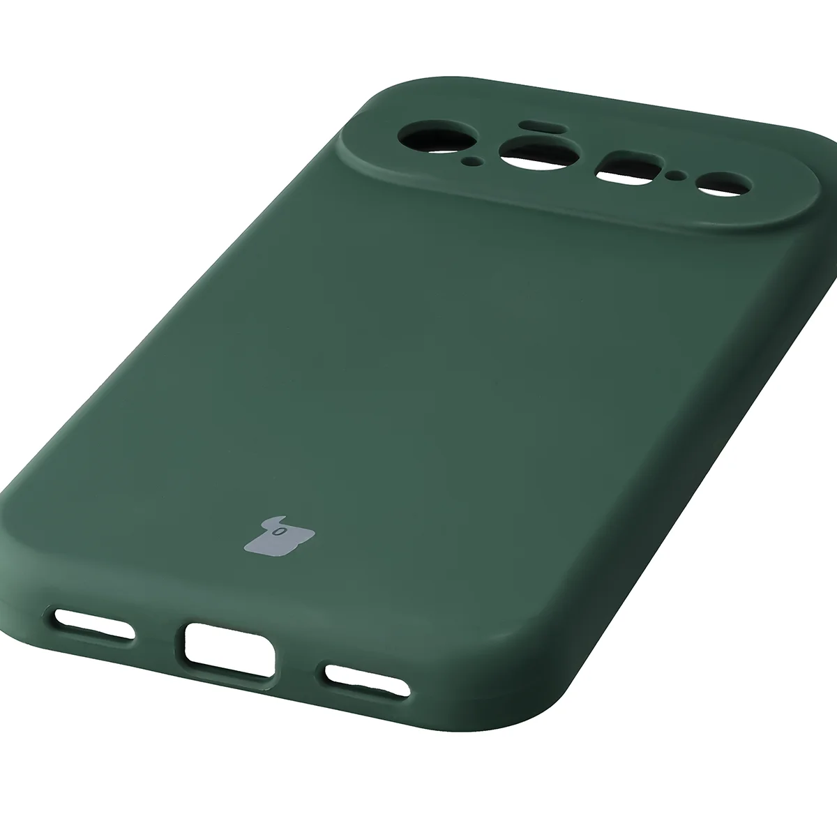 Close-up of precise cutouts and wireless charging capability in the Bison Soft Case for Google Pixel 11
