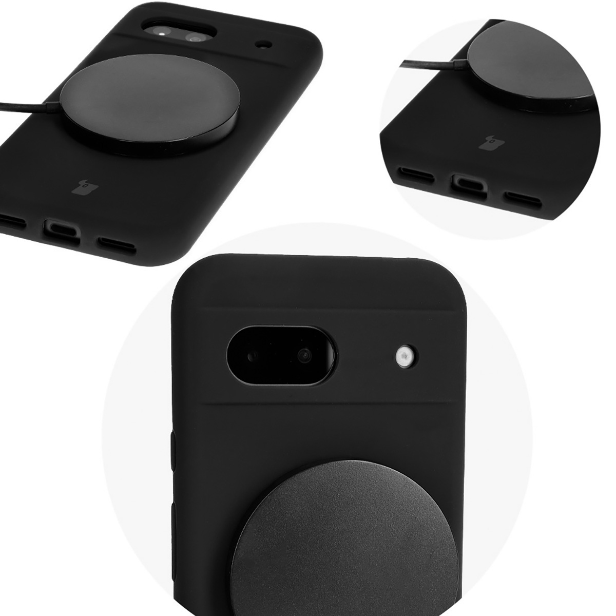 Close-up of precise cutouts and wireless charging capability in Bizon Soft Case