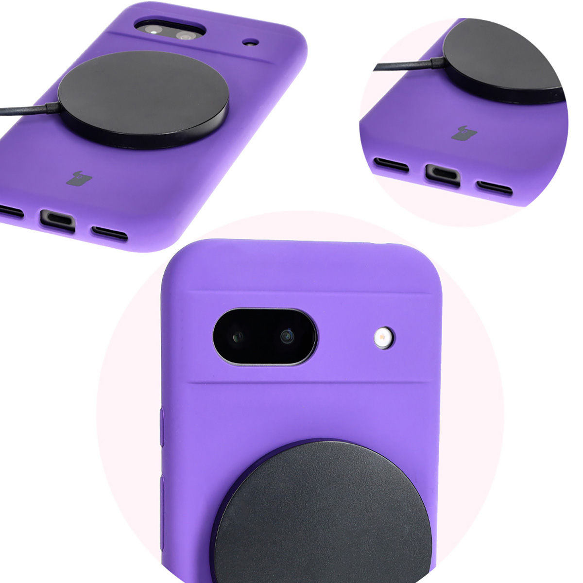 Close-up of precise cutouts and wireless charging capability in the Bizon Soft Case