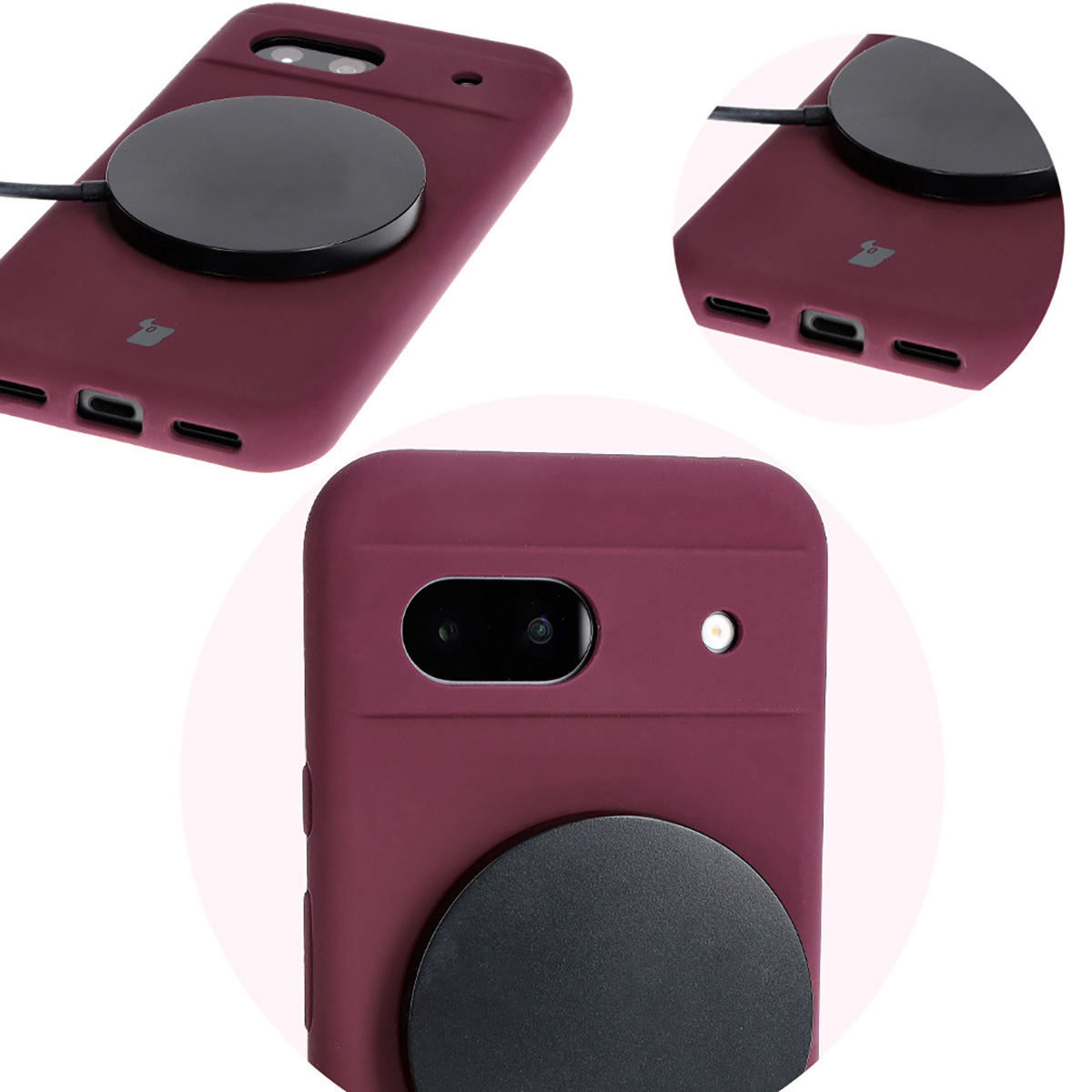 Close-up of precise cutouts and wireless charging capability in the Bizon Soft Case