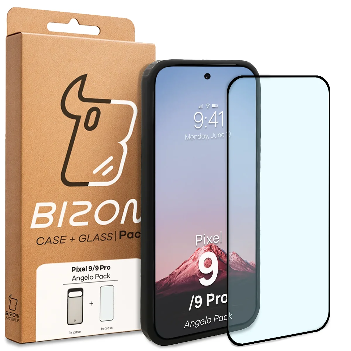 Przód pudełka Bizon Case Angelo Pack z dedykowaną etykietą do Google Pixel 9 / 9 Pro