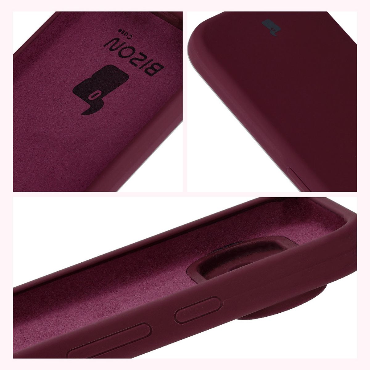 Konstruktion des Etuis Bizon Soft Case: integrierte Abdeckungen, erhöhte Kanten und Mikrofaserpolsterung