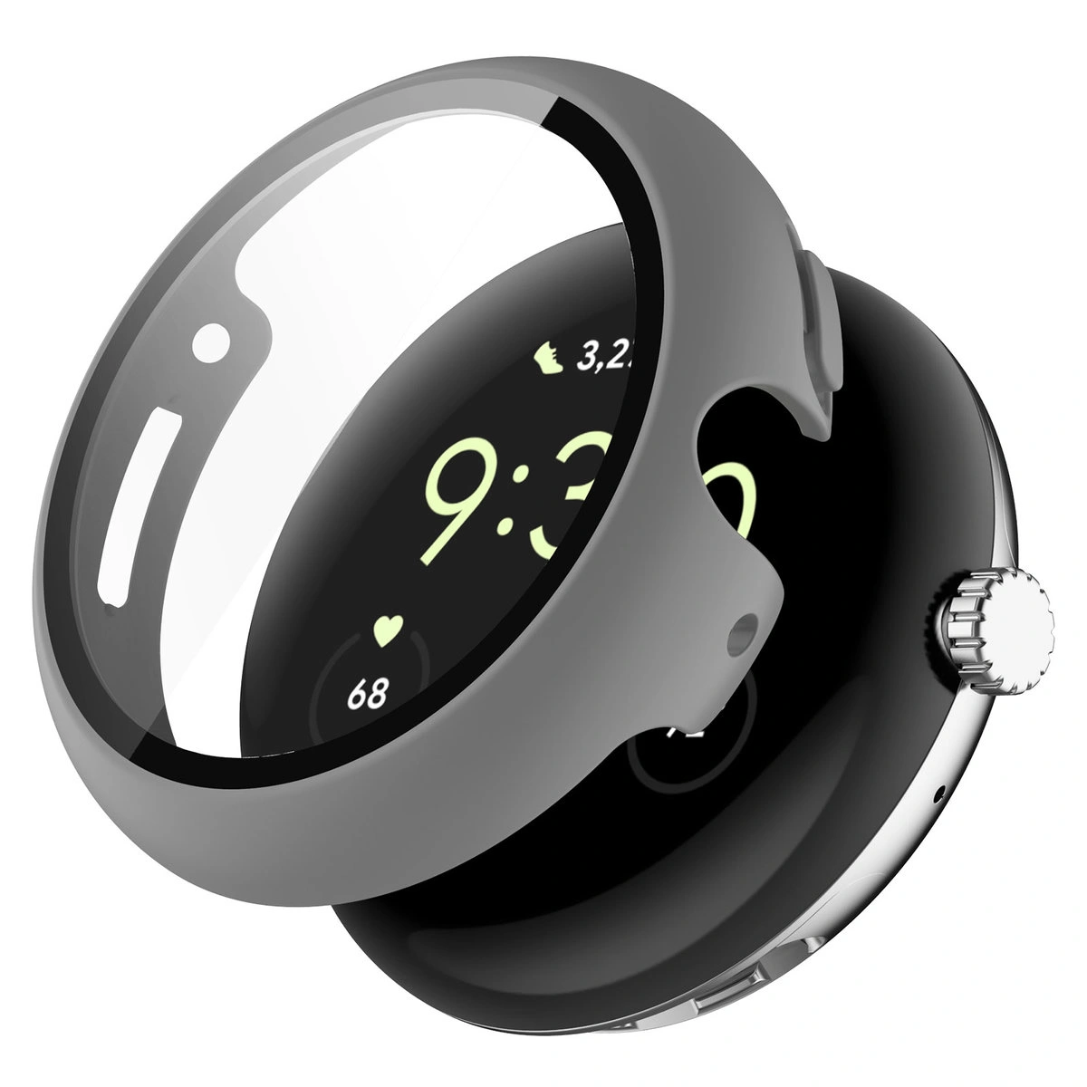 Visualization of placing the Bizon Case+Glass Watch on the Google Pixel Watch 4 45 mm