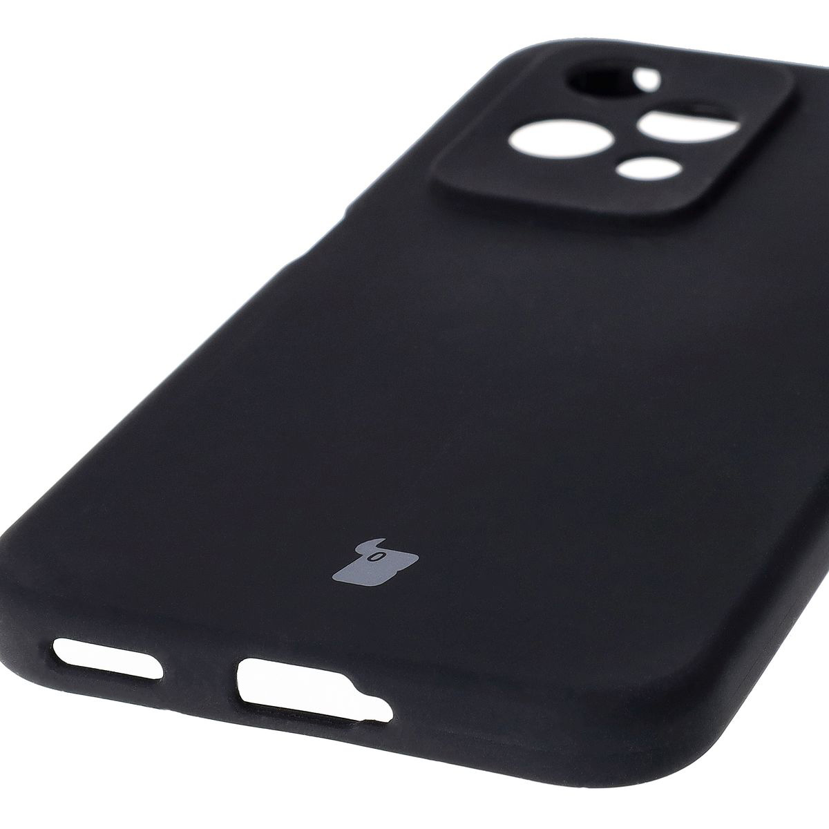 Close-up of precise cutouts and wireless charging capability in Bizon Soft Case