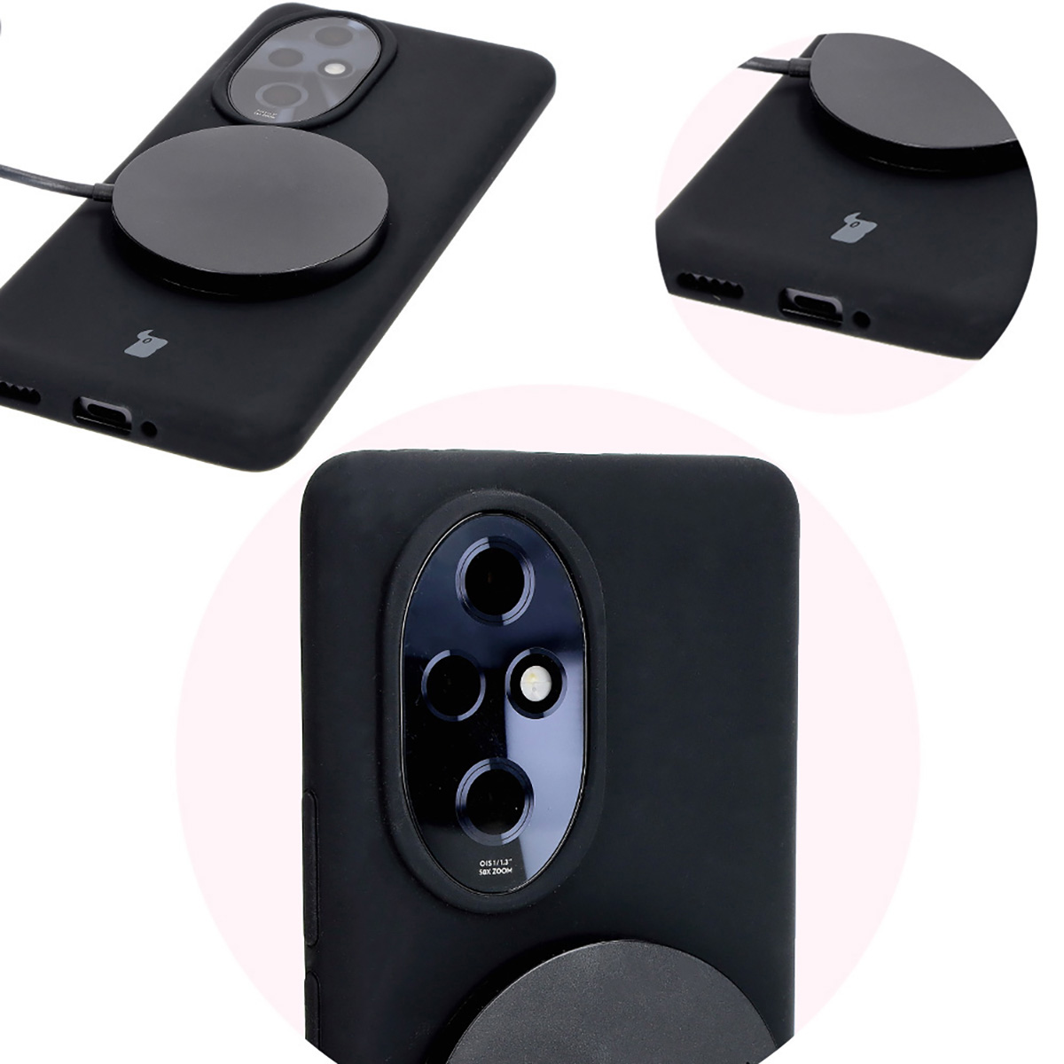 Close-up of precise cutouts and wireless charging capability in the Bizon Soft Case