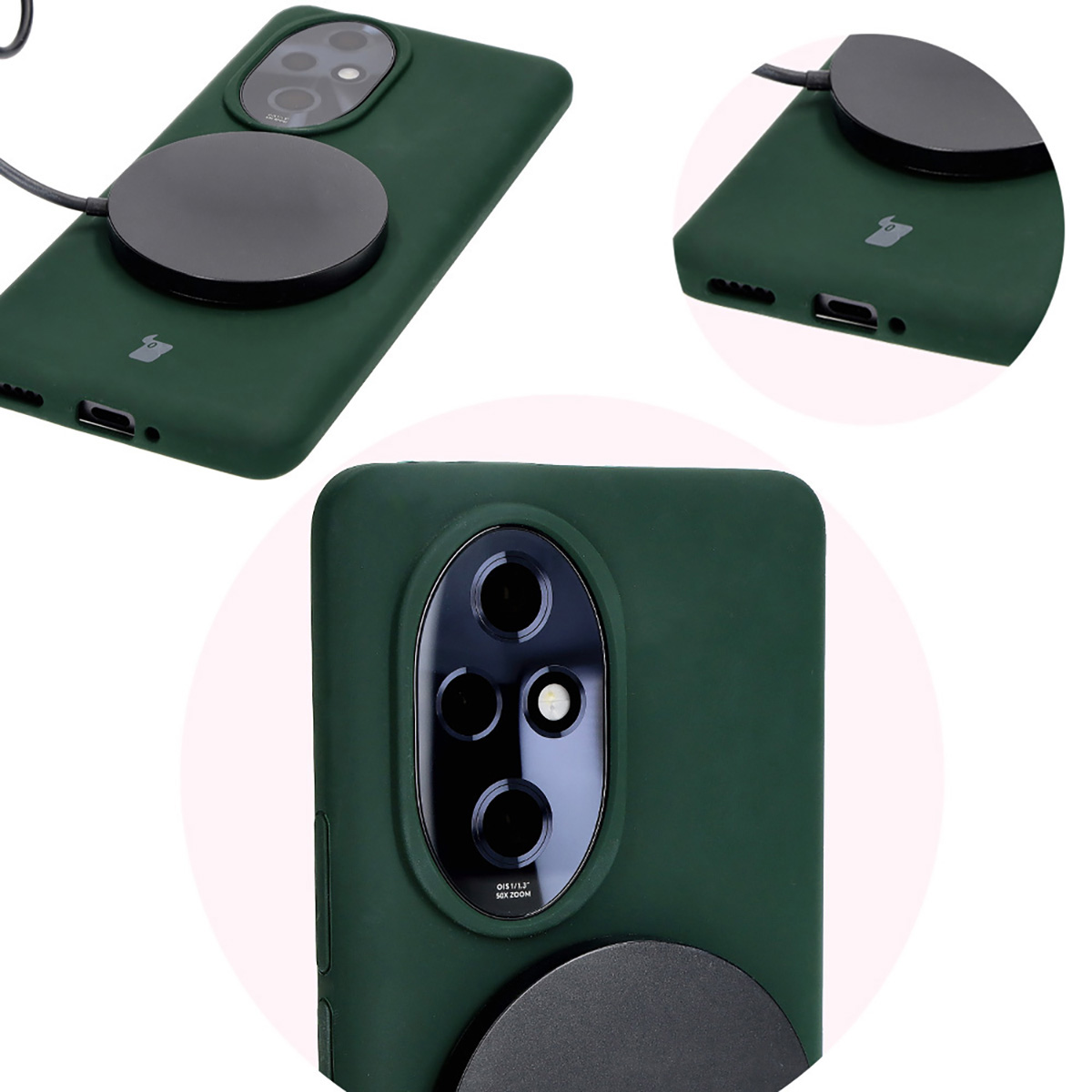 Close-up of precise cutouts and wireless charging capability in Bizon Soft Case