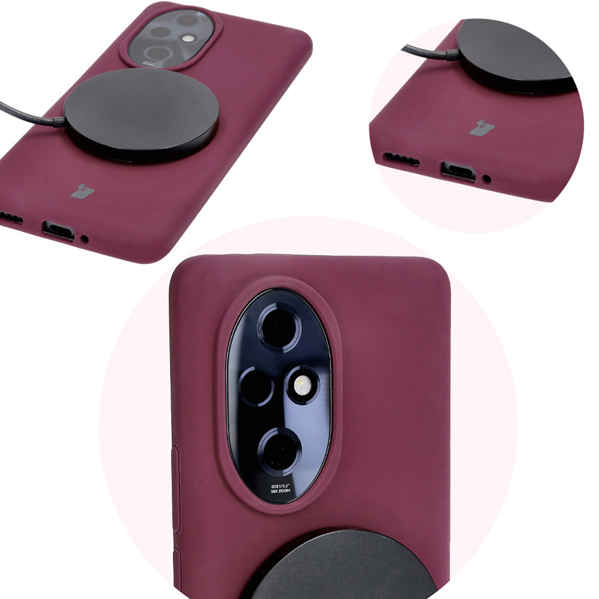 Close-up of precise cutouts and wireless charging capability in the Bizon Soft Case