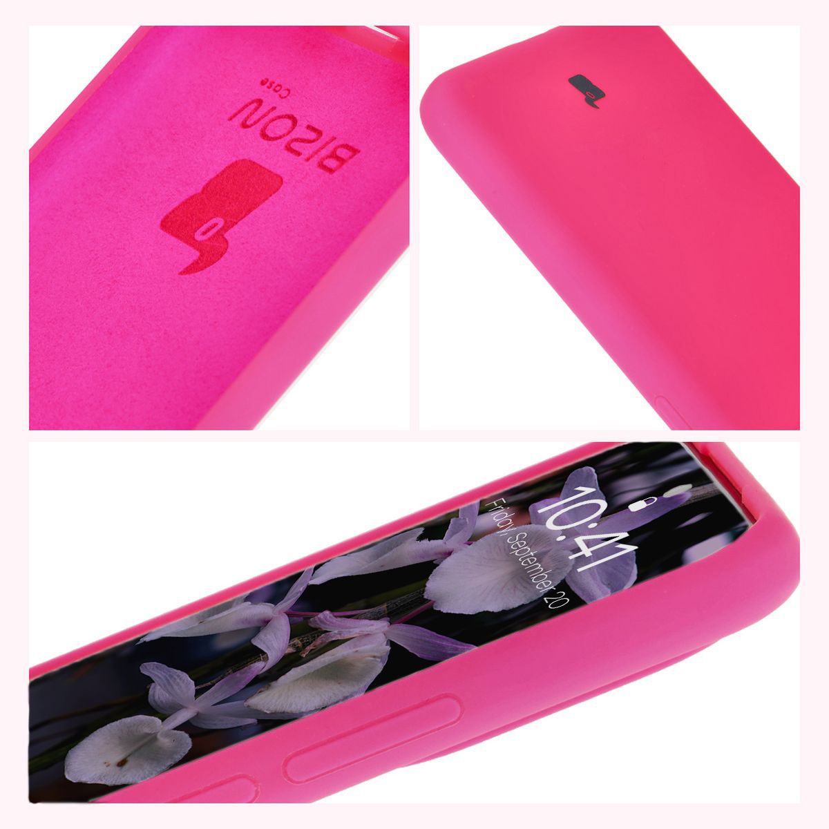 Konstruktion der Hülle Bizon Soft Case: integrierte Abdeckungen, erhöhte Kanten und Polsterung aus Mikrofaser