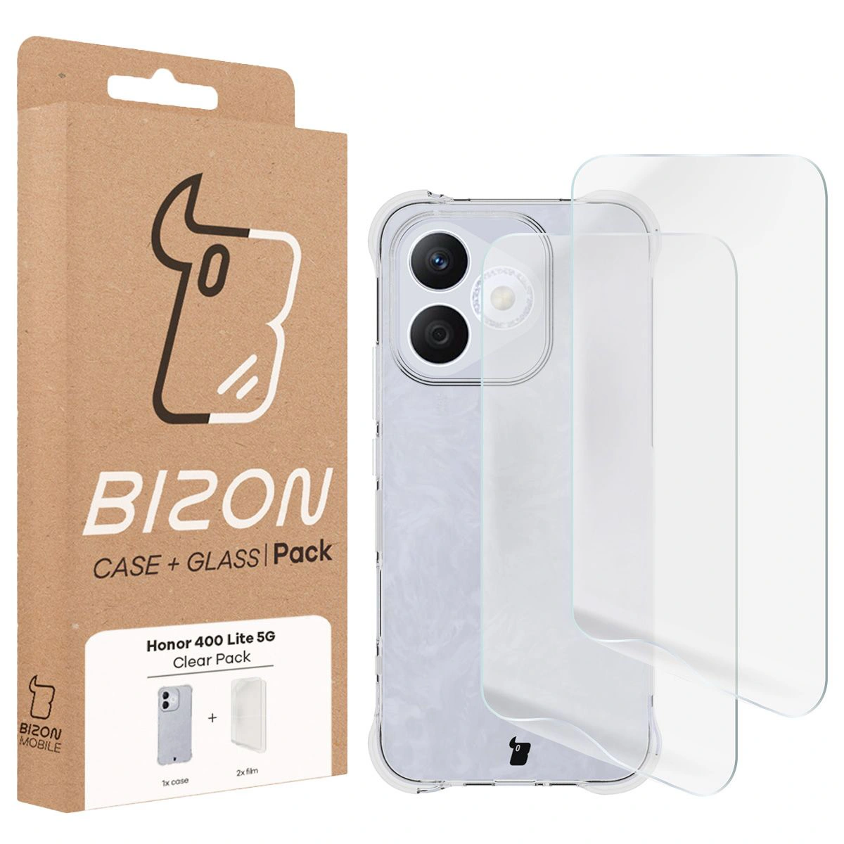 Przód pudełka Bizon Case+Glass z dedykowaną etykietą do Honor 400 Lite 5G
