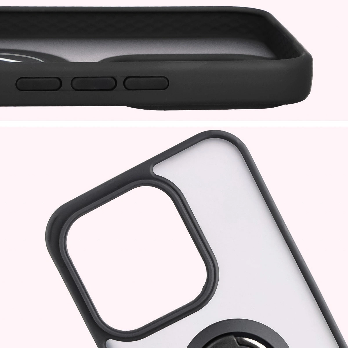 Zbliżenie na podwyższone krawędzie przy wyświetlaczu i wyspie aparatu w etui Bizon Hybrid Ring do Honor 400 Lite 5G