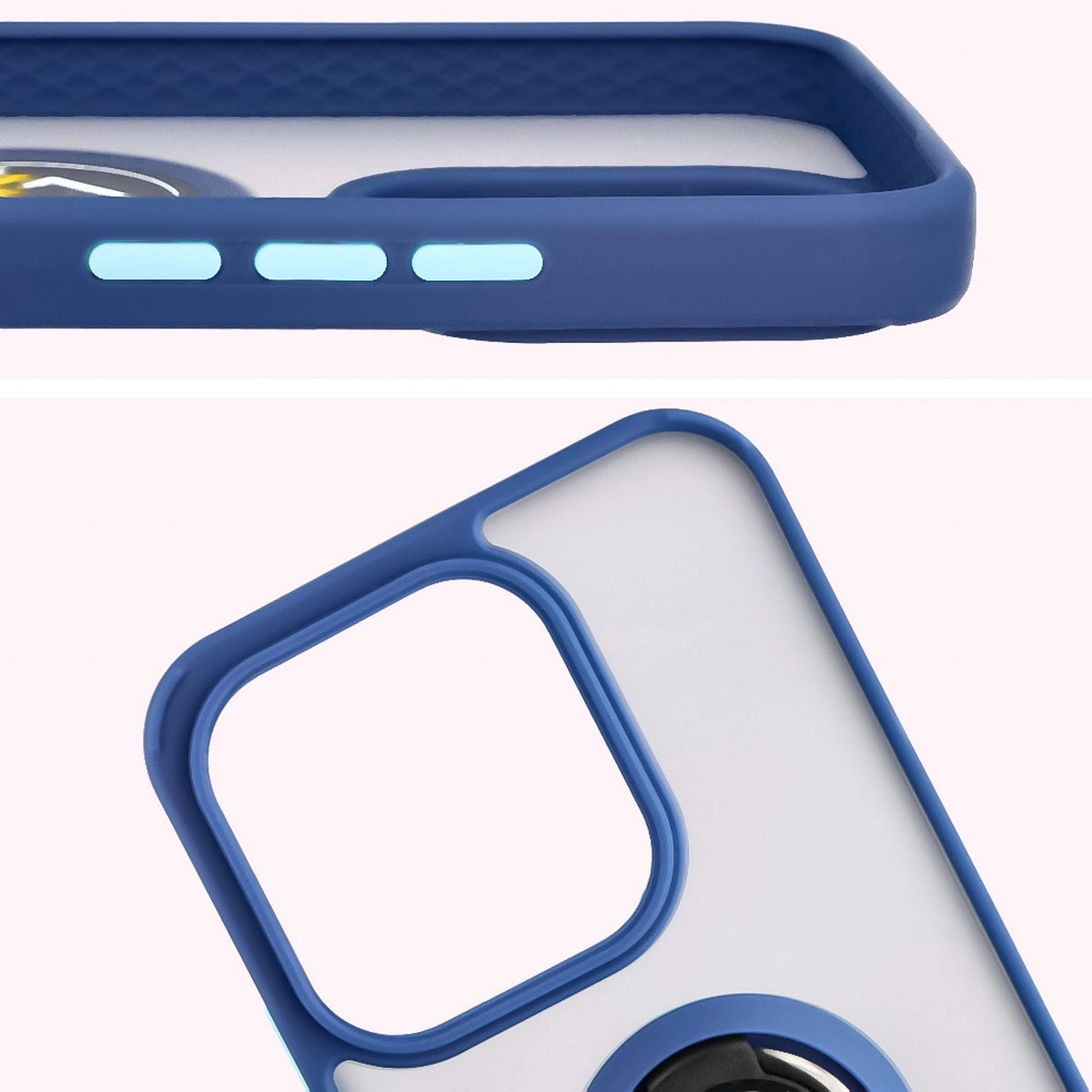 Zbliżenie na podwyższone krawędzie przy wyświetlaczu i wyspie aparatu w etui Bizon Hybrid Ring do Honor 400 Lite 5G