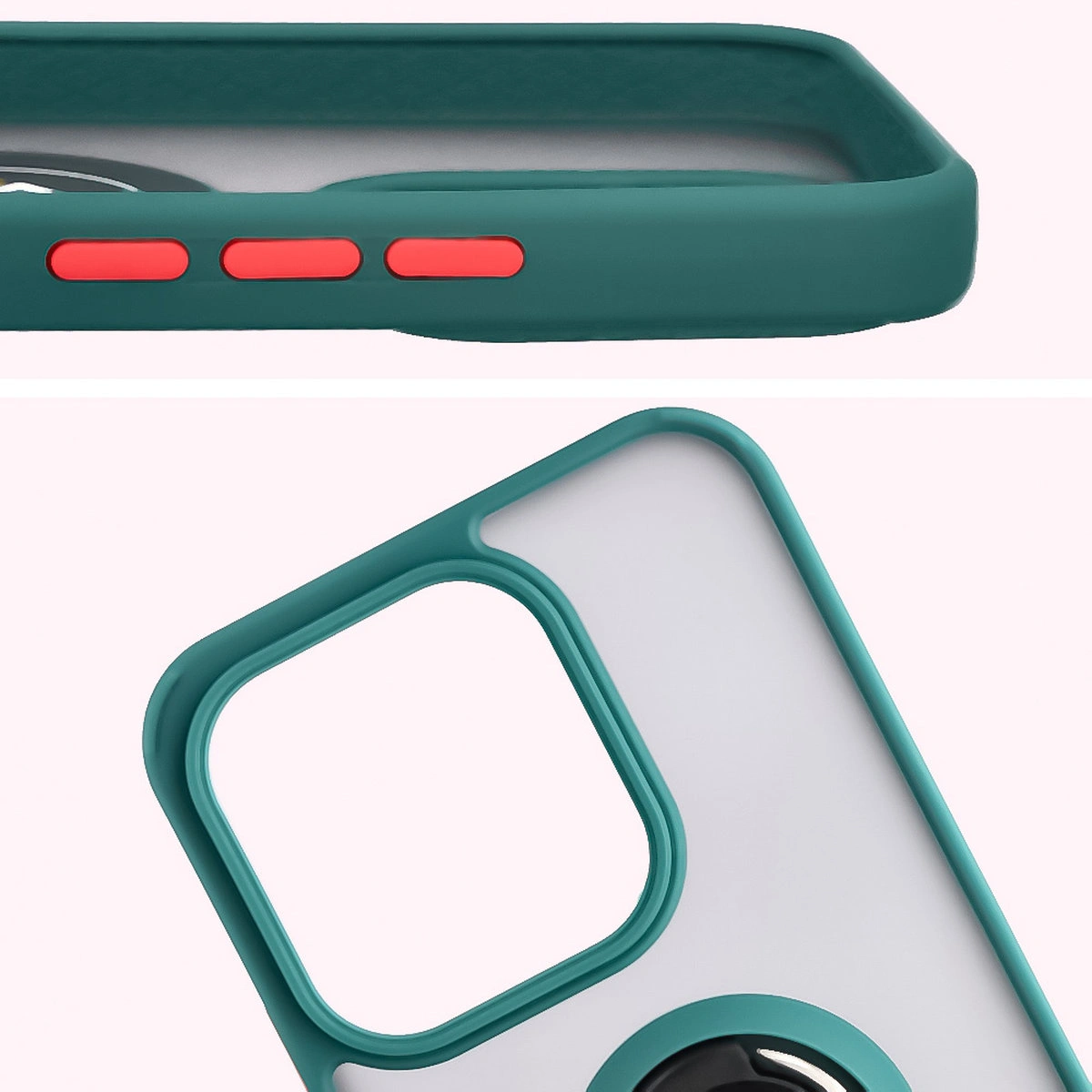 Zbliżenie na podwyższone krawędzie przy wyświetlaczu i wyspie aparatu w etui Bizon Hybrid Ring do Honor 400 Lite 5G