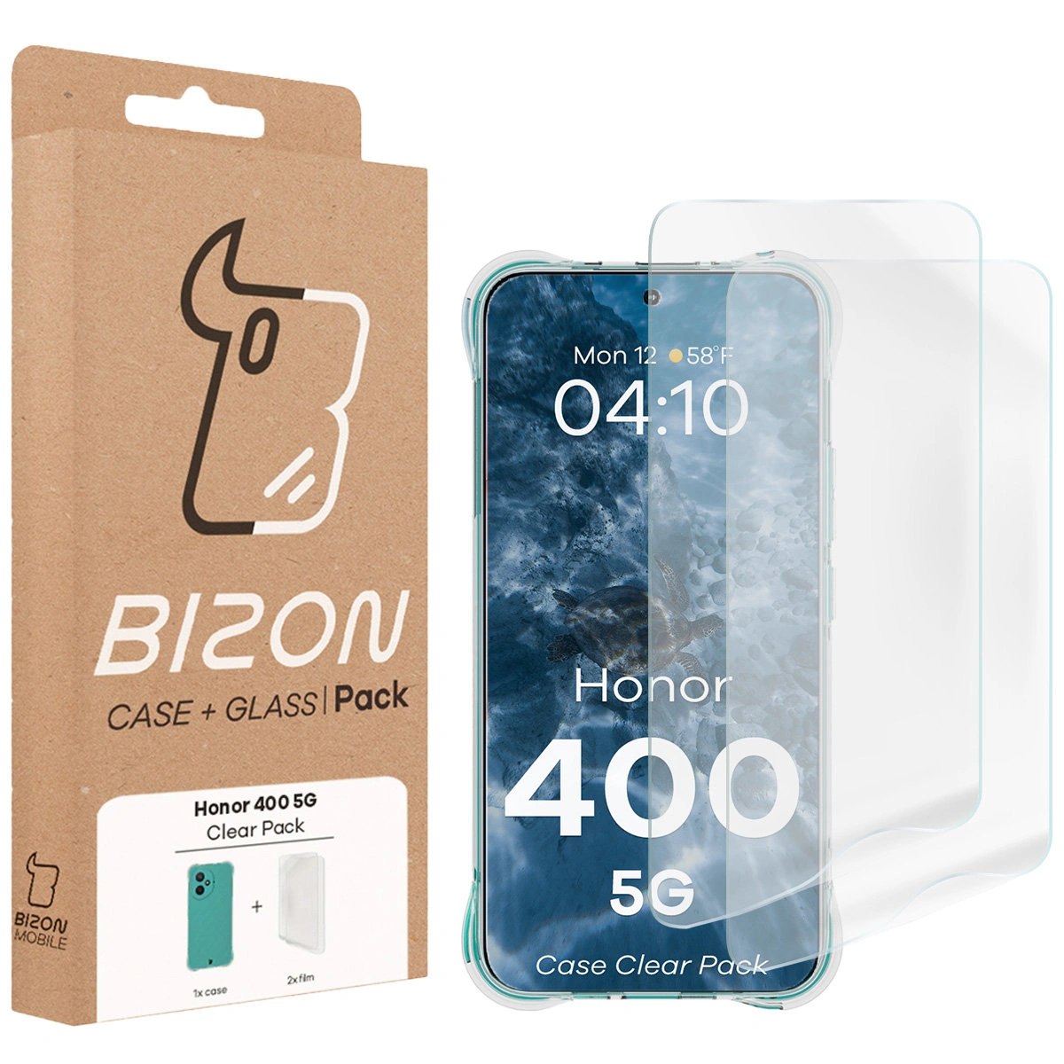 Przód pudełka Bizon Case+Glass z dedykowaną etykietą do Honor 400 5G