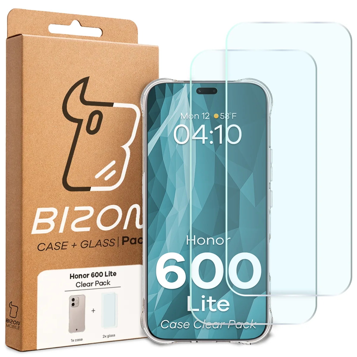 Front of the Bizon Case+Glass box with a dedicated label for Honor 600 Lite 5G