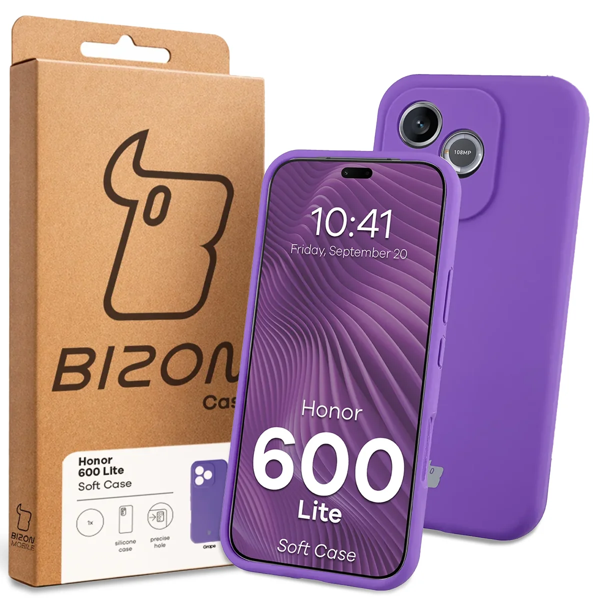 A Bizon tok elülső oldala, dedikált címkével az Honor 600 Lite 5G-hez