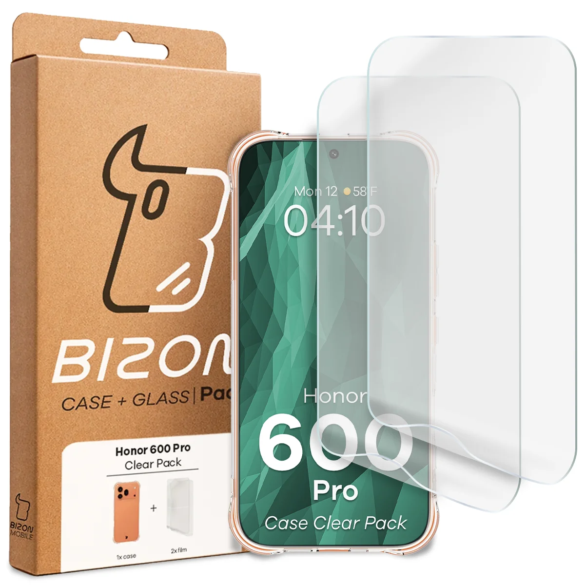 Front of the Bizon Case+Glass box with a dedicated label for Honor 600 Pro 5G