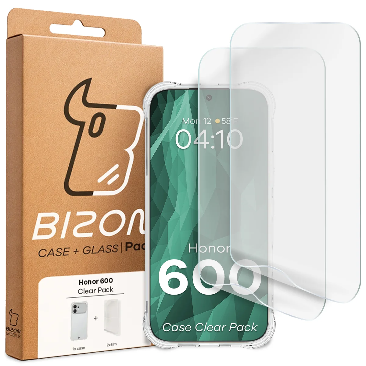 Front of the Bizon Case+Glass box with a dedicated label for Honor 600 5G