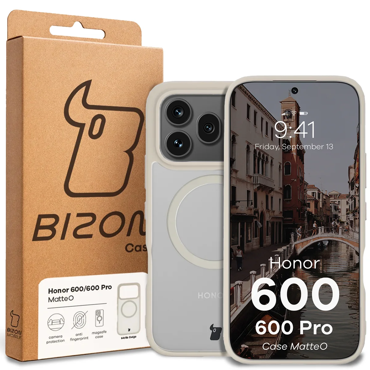 Fața cutiei Bizon Case cu eticheta dedicată pentru Honor 600 5G / 600 Pro 5G