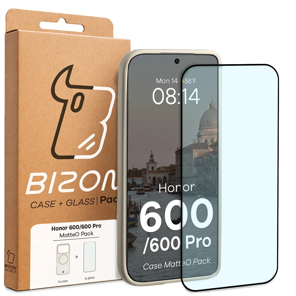 Front of the Bizon Case Matteo Pack box with a dedicated label for Honor 600 5G / 600 Pro 5G