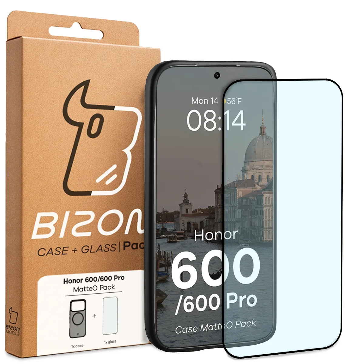 Front of the Bizon Case Matteo Pack box with a dedicated label for Honor 600 5G / 600 Pro 5G