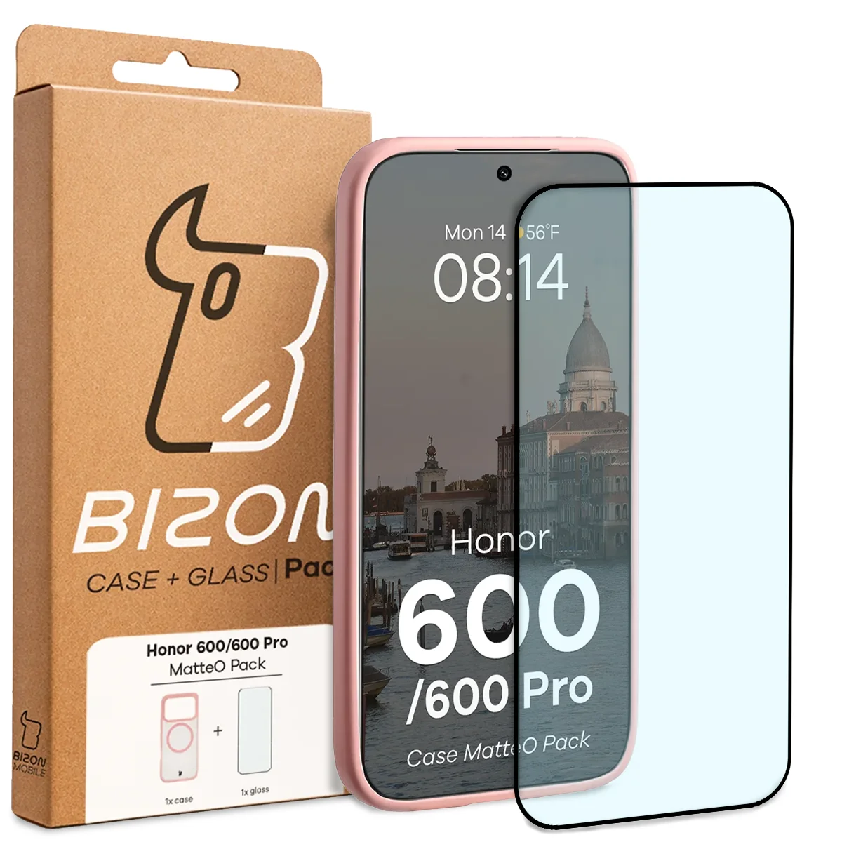Front of the Bizon Case Matteo Pack box with a dedicated label for Honor 600 5G / 600 Pro 5G