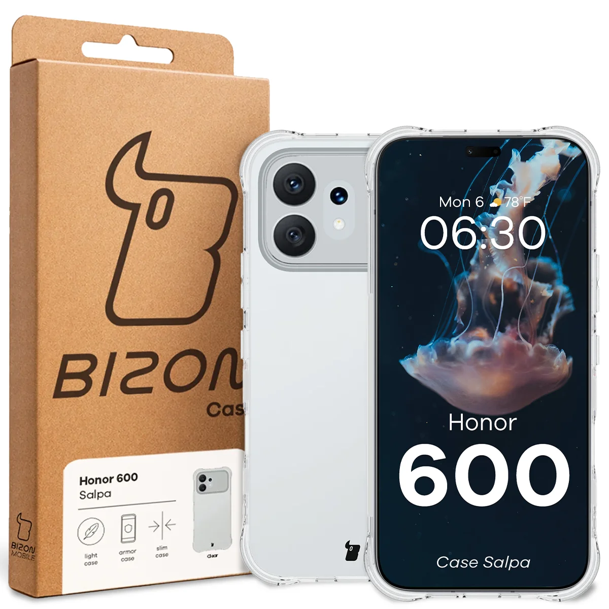 Front of the Bizon Case box with a dedicated label for Honor 600 5G