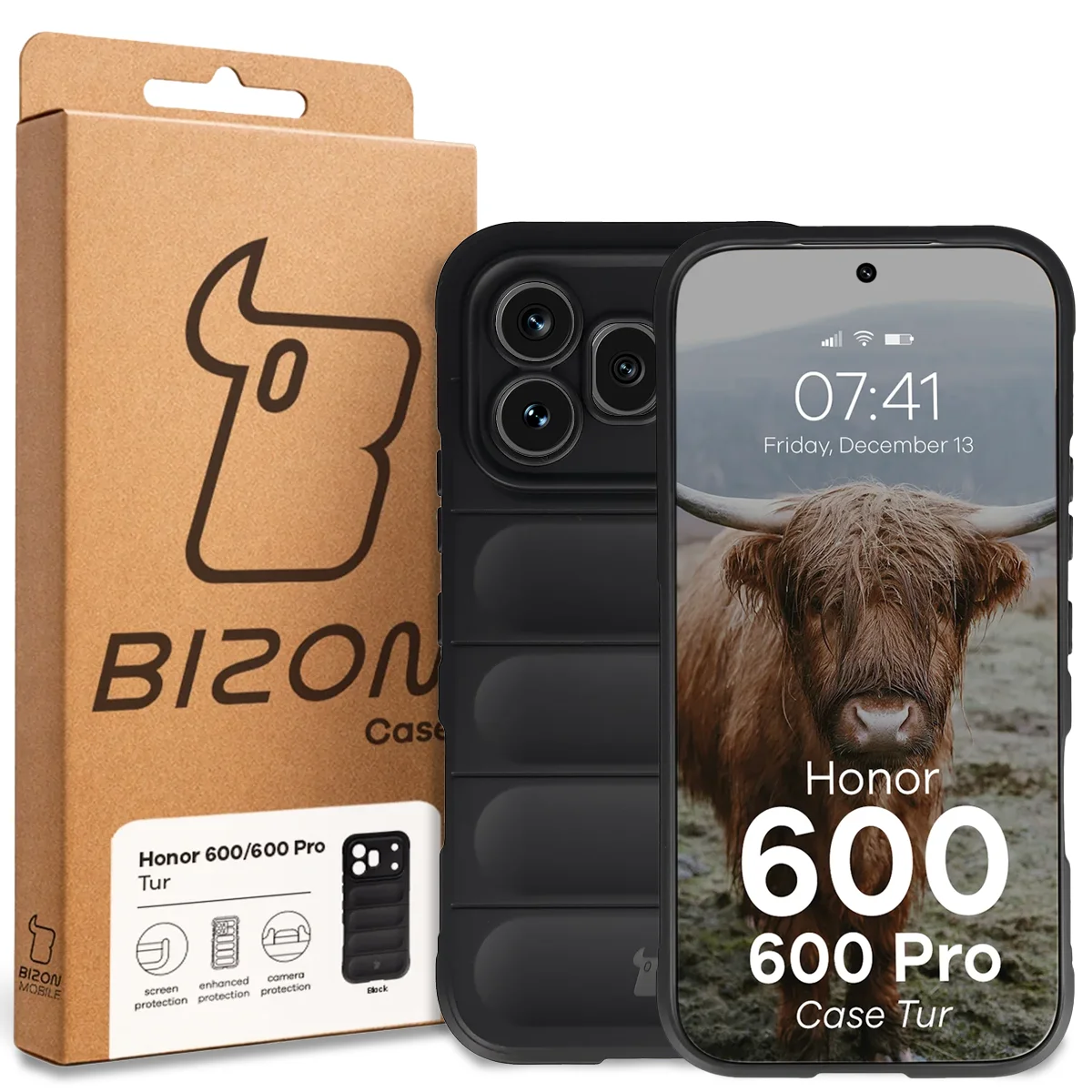 Front of the Bison Case box with a dedicated label for Honor 600 5G / 600 Pro 5G