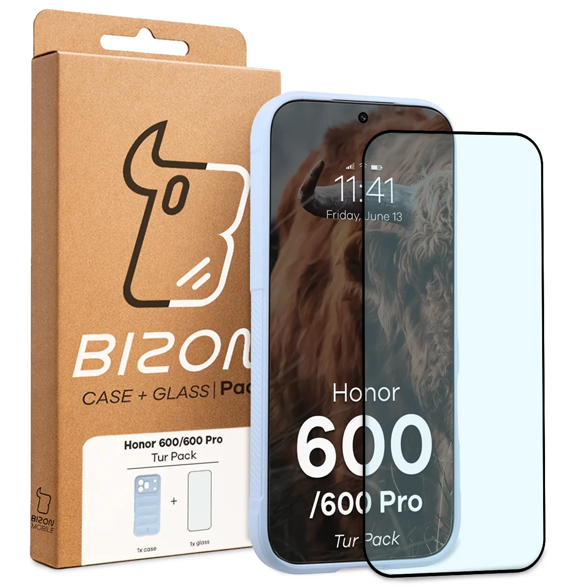 Przód pudełka Bizon Tur Pack z dedykowaną etykietą do Honor 600 5G / 600 Pro 5G
