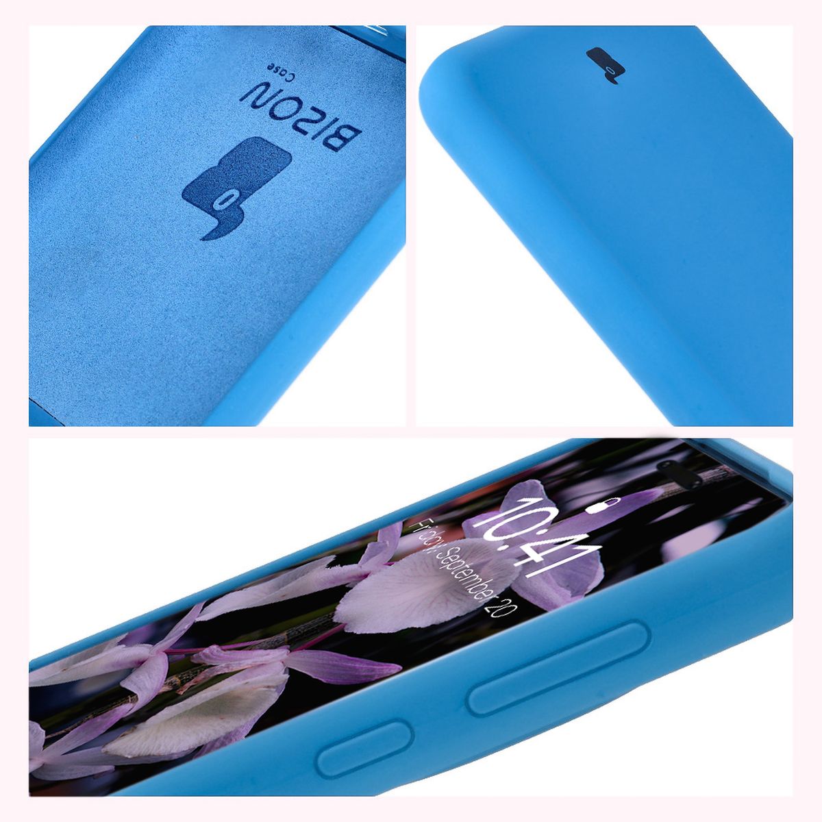 Konstruktion der Hülle Bizon Soft Case: integrierte Abdeckungen, erhöhte Ränder und Mikrofaserpolsterung