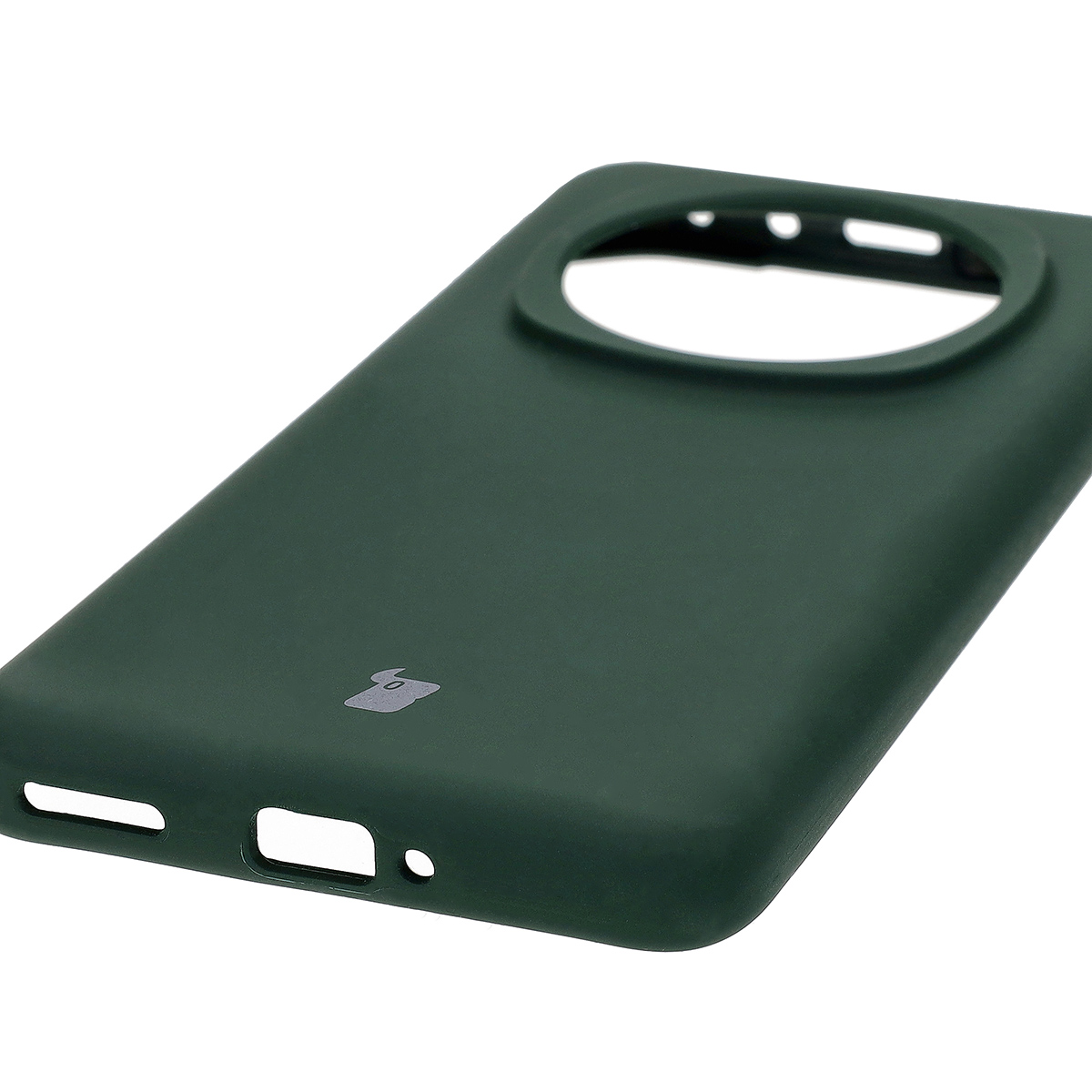 Close-up of precise cutouts and wireless charging capability in the Bizon Soft Case