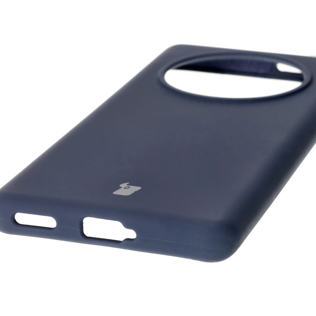 Close-up of precise cutouts and wireless charging capability in the Bizon Soft Case