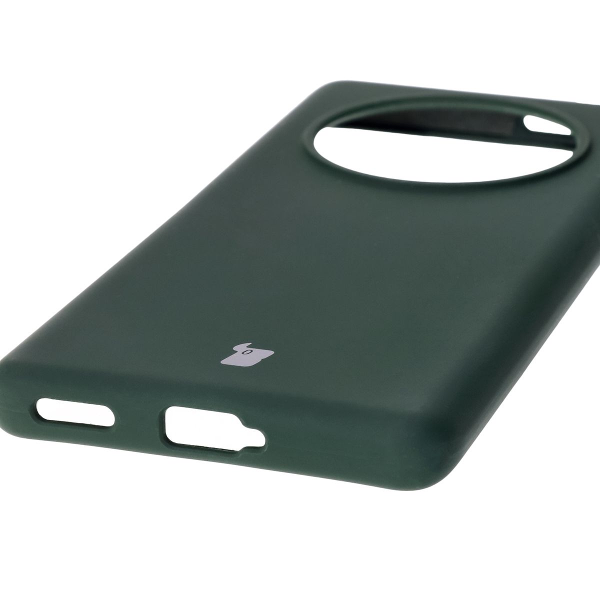 Close-up of precise cutouts and wireless charging capability in Bison Soft Case