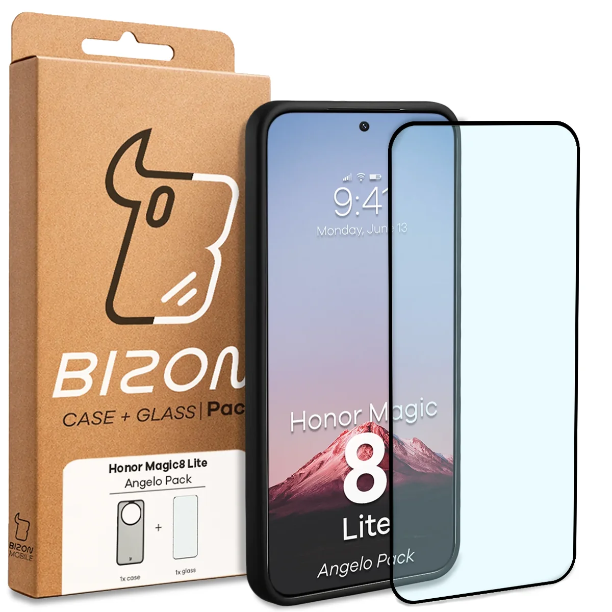 Przód pudełka Bizon Case Angelo Pack z dedykowaną etykietą do Honor Magic8 Lite