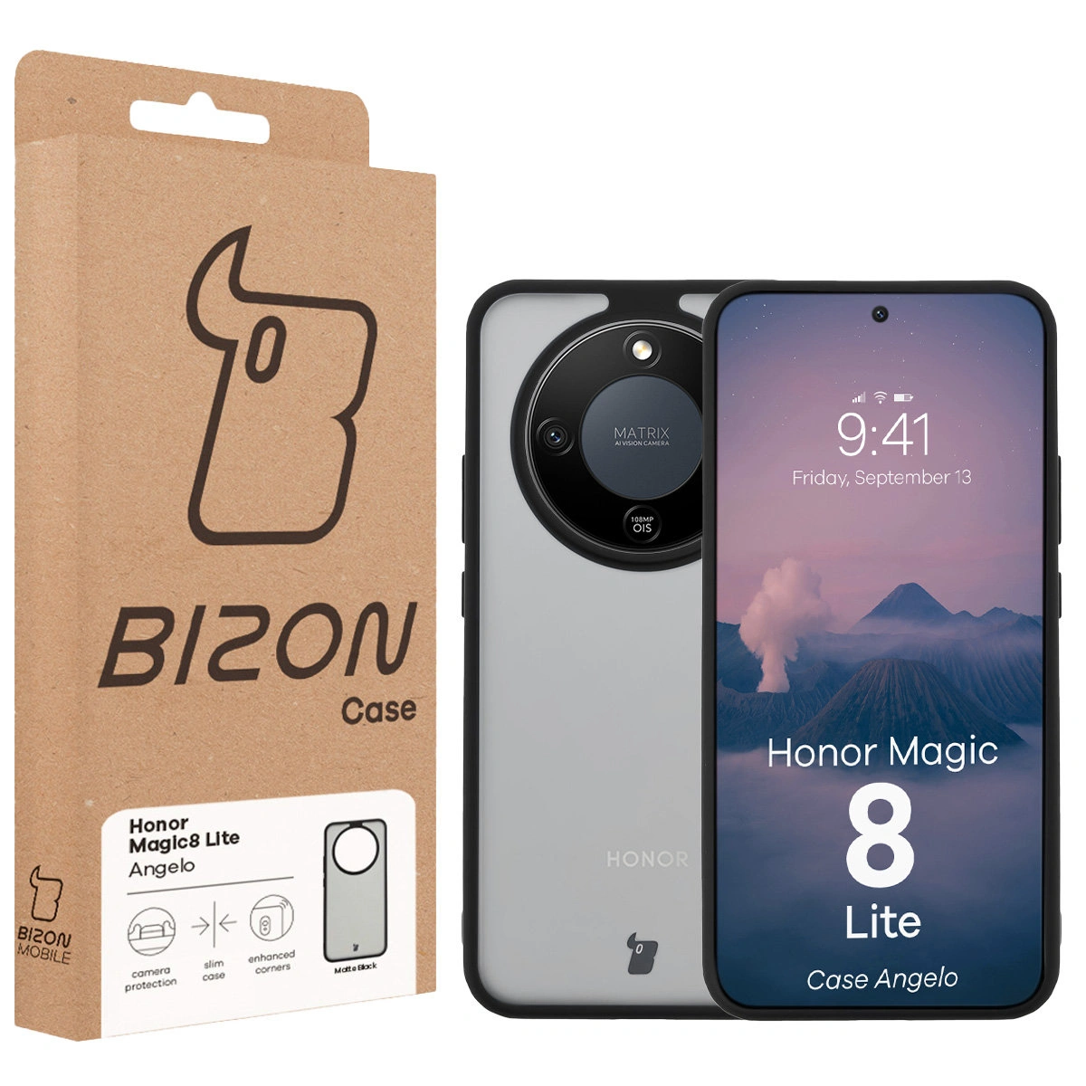 Vorderseite der Bizon Case Box mit dediziertem Etikett für Honor Magic8 Lite