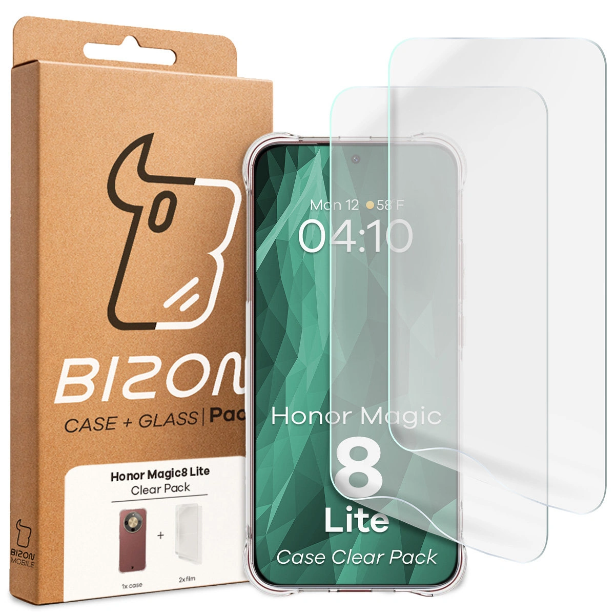 Front of the Bizon Case+Glass box with dedicated label for Honor Magic8 Lite