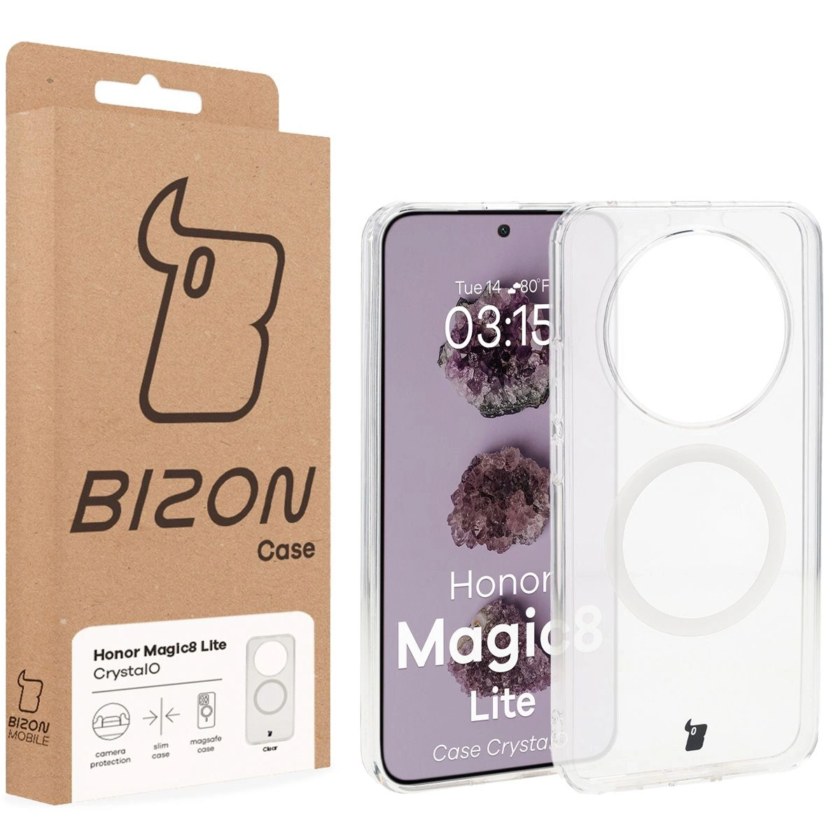 Vorderseite der Bizon Case Verpackung mit dedikierter Etikette für das Honor Magic8 Lite