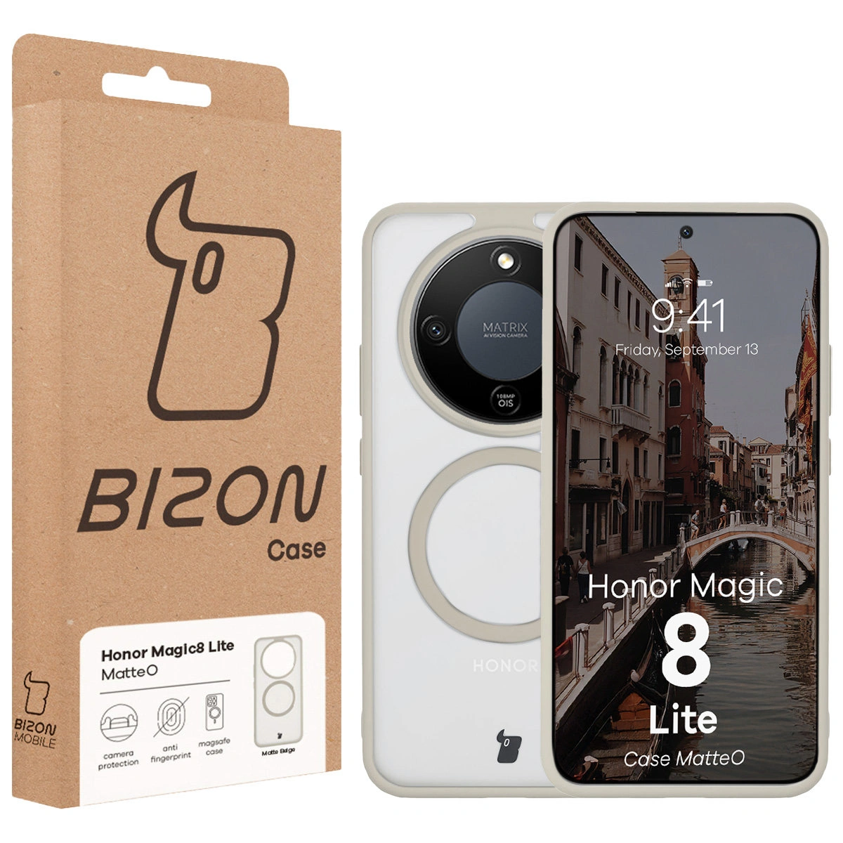 Vorderseite der Verpackung Bizon Case mit dediziertem Etikett für Honor Magic8 Lite
