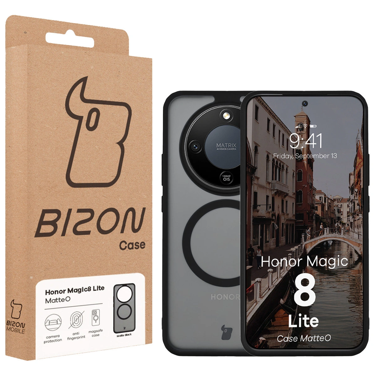 Vorderseite der Bizon Case Box mit dediziertem Etikett für Honor Magic8 Lite