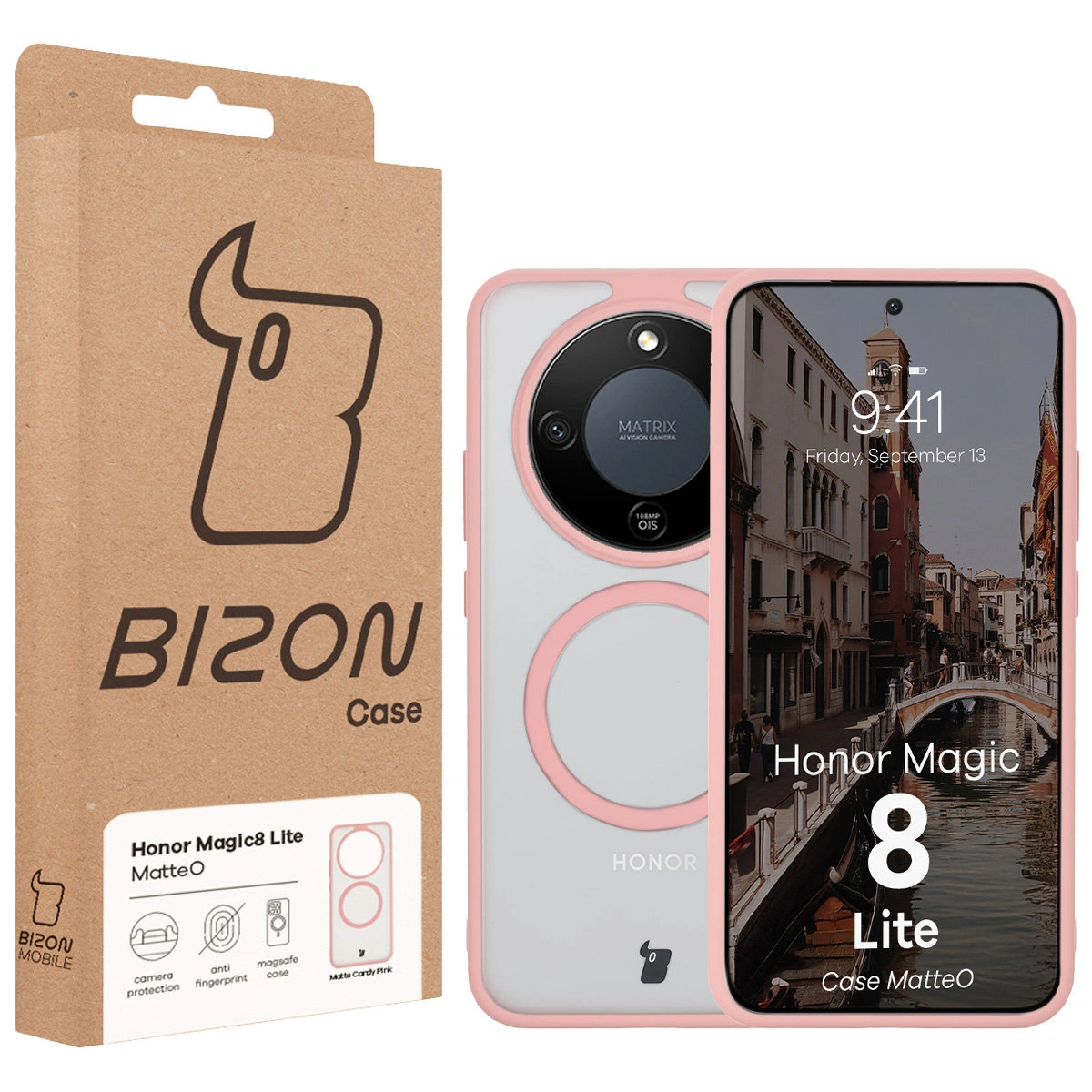 Fața cutiei Bizon Case cu eticheta dedicată pentru Honor Magic8 Lite