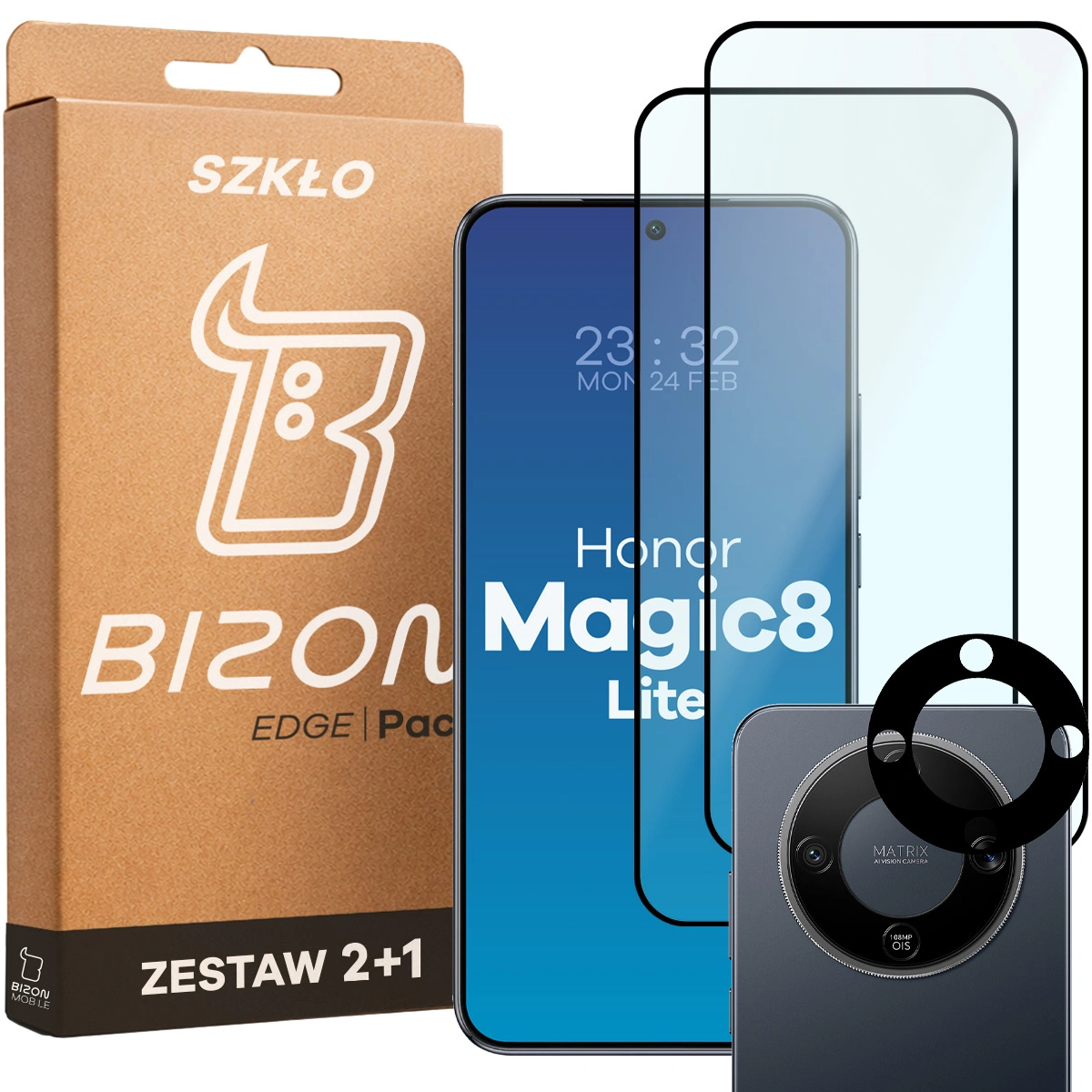 Pudełko i zestaw szkieł do Honor Magic8 Lite: 2x szkło hartowane i lens