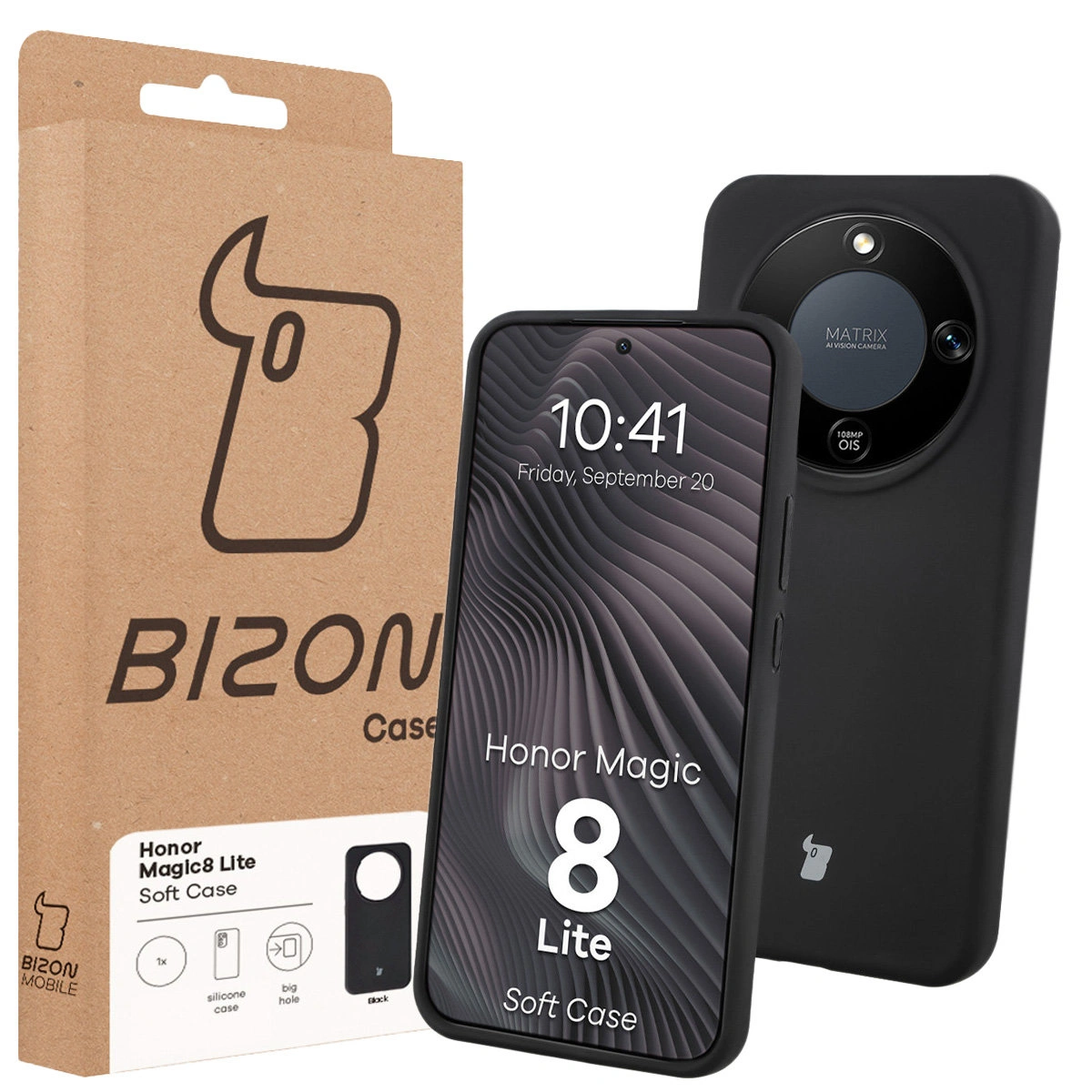 Vorderseite der Bizon Case-Box mit spezieller Etikette für Honor Magic8 Lite