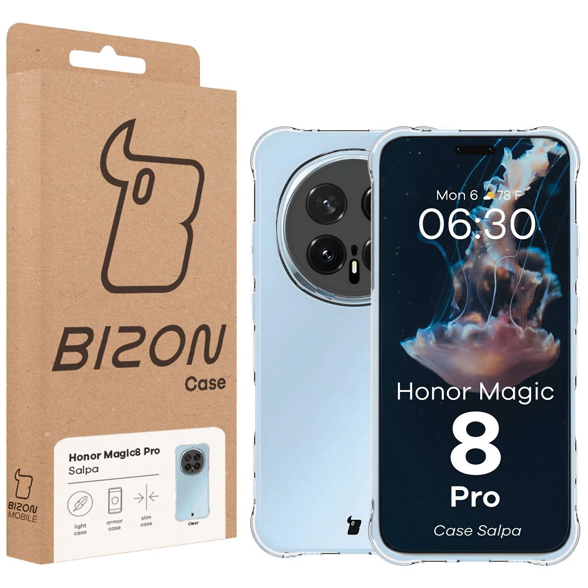 Vorderseite der Bizon Case Verpackung mit gewidmetem Etikett für Honor Magic8 Pro