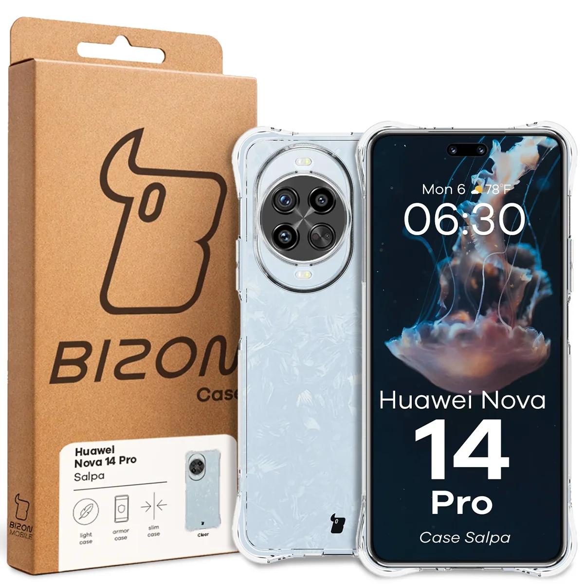 Przód pudełka Bizon Case z dedykowaną etykietą do Huawei nova 14 Pro