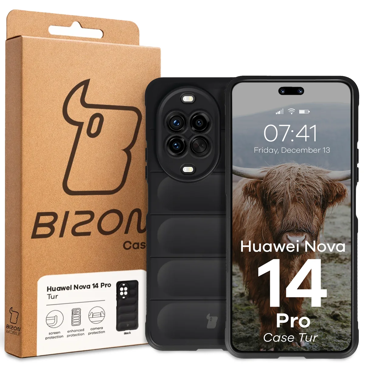 Przód pudełka Bizon Case z dedykowaną etykietą do Huawei nova 14 Pro