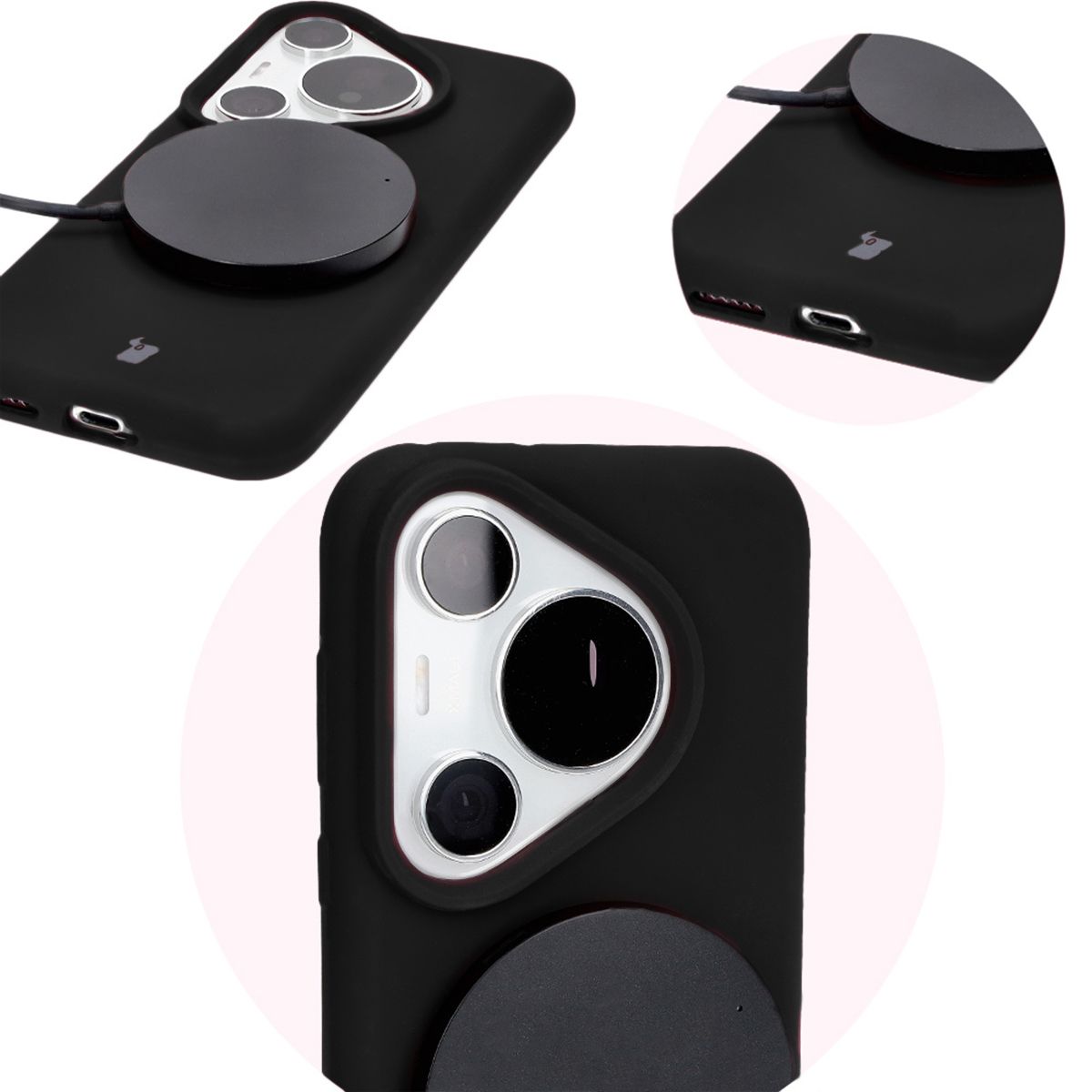 Close-up of precise cutouts and wireless charging capability in the Bizon Soft Case