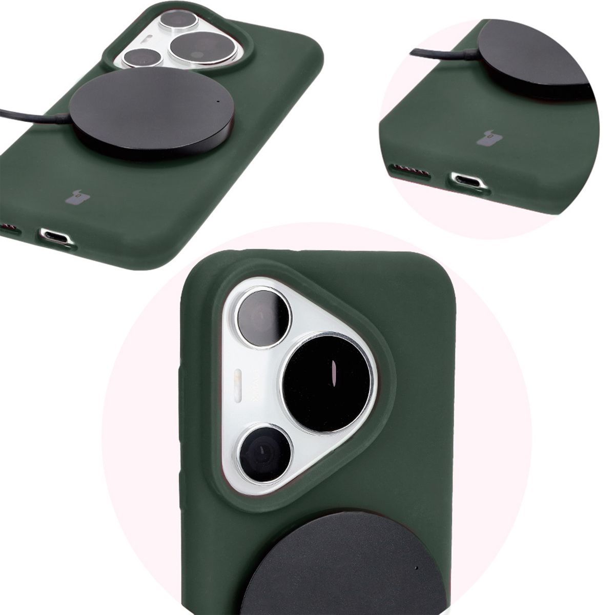 Close-up of precise cutouts and wireless charging capability in the Bizon Soft Case