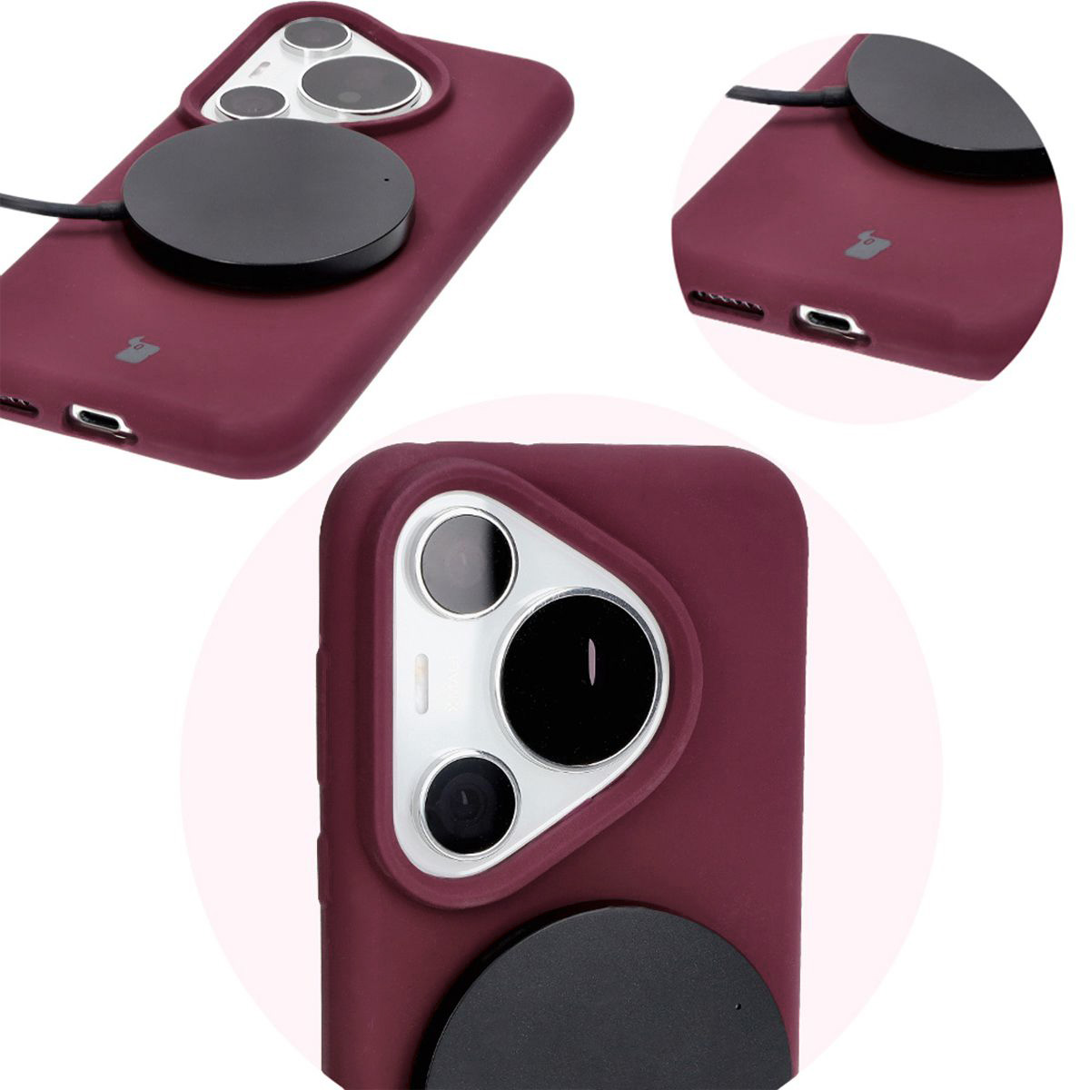 Close-up of precise cutouts and wireless charging capability in the Bizon Soft Case