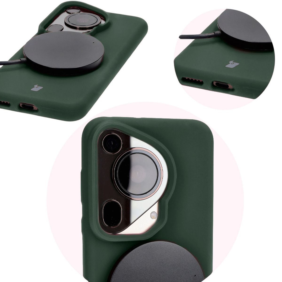 Close-up of precise cutouts and wireless charging capability in Bizon Soft Case